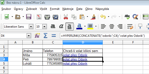 Automatické poholdné vytáčení hovorů v LibreOffice Calc