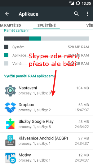 V přehledu spuštěných aplikací Skype chybí