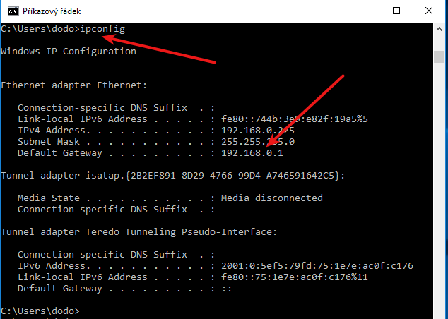  zjištění výchozí brány pomocí příkazu ipconfig