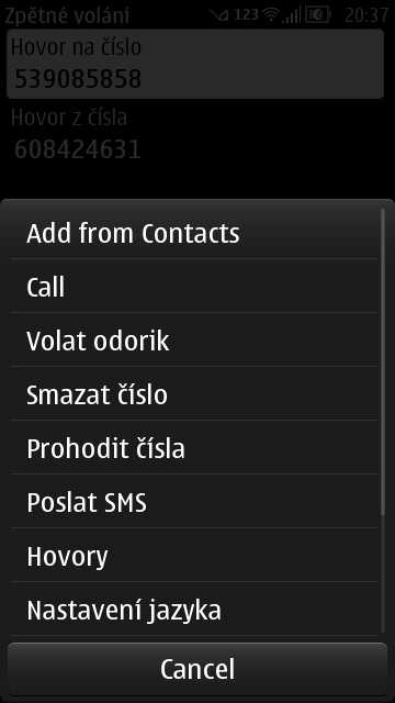 Aplikace a její menu na telefonu nokia 500