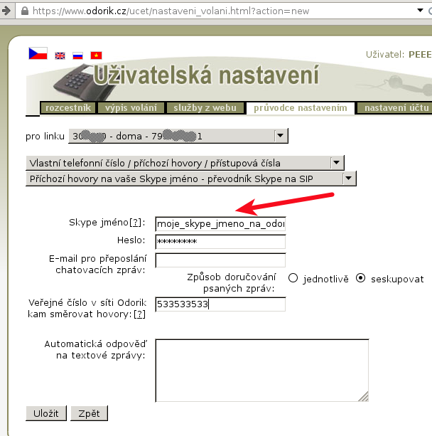 Nastavení přesměrování příchozích hovorů na Skype pomocí služby na Odorik.cz